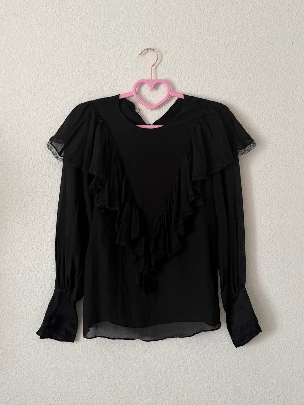 Women's Black Mulberry Silk Ruffle Lace Blouse